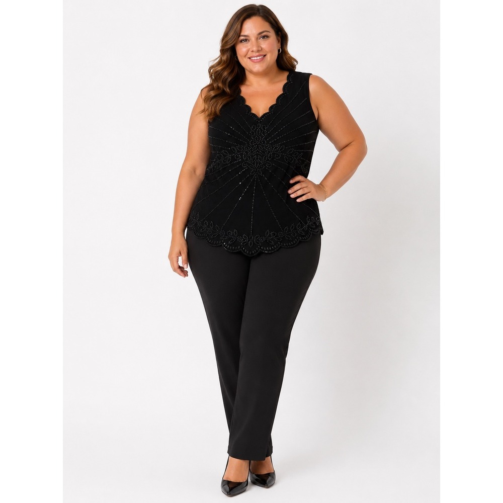 MSK Black Velvet Beaded Sequin Scalloped V-Neck Tank Top Plus XXL NEW